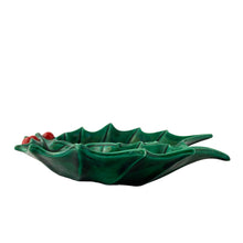 Load image into Gallery viewer, Opposite side view of vintage holly leaf serving dish showing depth and festive red and green ceramic glaze