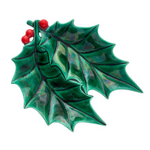 Load image into Gallery viewer, Top view of vintage Atlantic Mold holly leaf dish showing divided two-part design for serving Christmas treats