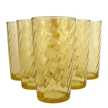 Load image into Gallery viewer, Set of six vintage honey gold swirl optic glass tumblers. Crafted by Continental Can Company, USA, 1960s. Add a touch of colour to your everyday drinkware with these retro glasses!
In excellent condition, no chips.
Measures 2 3/4 x 5 inches
Capacity 12 ounces