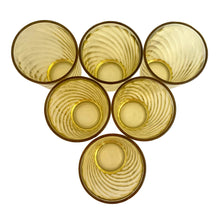 Load image into Gallery viewer, Set of six vintage honey gold swirl optic glass tumblers. Crafted by Continental Can Company, USA, 1960s. Add a touch of colour to your everyday drinkware with these retro glasses!
In excellent condition, no chips.
Measures 2 3/4 x 5 inches
Capacity 12 ounces
