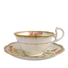 Load image into Gallery viewer, Vintage bone china Avon shaped "Honeysuckles" teacup and saucer. Each piece has a lovely scalloped edge featuring a hand painted Honeysuckle vines and bees in shades of orange, pink, yellow, blue and green, trimmed with gold gilt. Crafted by Royal Albert, England, circa 1927 to 1935. Makes a beautiful gift or addition to your collection!