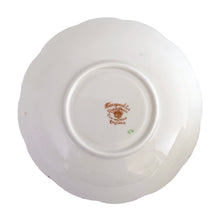 Load image into Gallery viewer, Vintage bone china Avon shaped "Honeysuckles" teacup and saucer. Each piece has a lovely scalloped edge featuring a hand painted Honeysuckle vines and bees in shades of orange, pink, yellow, blue and green, trimmed with gold gilt. Crafted by Royal Albert, England, circa 1927 to 1935. Makes a beautiful gift or addition to your collection!