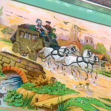 Load image into Gallery viewer, Stunning vintage reverse painted foil art pewter framed handled tray featuring a country landscape, with gold carriage coach, white horses and passengers. The handles show Rene Macintosh style rosettes. Crafted by Rusch, Germany, 1920s. Perfect as a vanity tray, to serves drinks and snacks or even wall art.
The painting is in excellent condition with minor age-related wear.
Measures 17 3/8 x 11 1/2 (19 5/8 with handles)