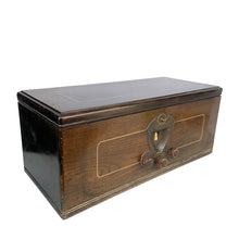 Load image into Gallery viewer, 1928 RCA Victor Model 28V mahogany radio cabinet viewed from the front left with lid closed and three control knobs