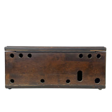 Load image into Gallery viewer, Rear view of RCA Victor radio cabinet showing circular openings, an elongated cutout and lid hinge