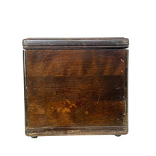 Load image into Gallery viewer, Opposite side of mahogany radio cabinet showing scratches, finish wear and scuffed lower edge