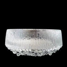 Load image into Gallery viewer, Side profile of Iittala Ultima Thule footed glass serving bowl showing full ice-textured body, tapered form, and sculptural bubble cluster foot, Finland