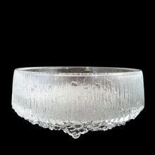Load image into Gallery viewer, Iittala Ultima Thule footed glass serving bowl by Tapio Wirkkala, front three-quarter view showing ice-textured bark exterior and bubble cluster foot ring, Finland, 1960s