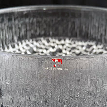 Load image into Gallery viewer, Close-up interior view of Iittala Ultima Thule glass serving bowl showing ice-bark texture on inner wall and original red Iittala Made in Finland label