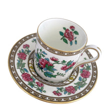 Load image into Gallery viewer, Vintage Indian Tree hand painted bone china flat demitasse cup and saucer with smooth gold key rim. Crafted by Aynsley, England, circa 1970s. This is a reproduction of this classic Chinoiserie pattern. A gorgeous addition to your tableware collection! In excellent condition, no chips/cracks/repairs. Maker's mark on the bottom. Measurements: cup 2 1/4 x 2 3/8 inches, saucer 4 3/4 inches