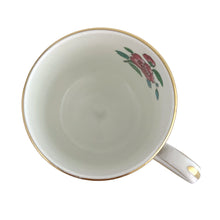 Load image into Gallery viewer, Vintage Indian Tree hand painted bone china flat demitasse cup and saucer with smooth gold key rim. Crafted by Aynsley, England, circa 1970s. This is a reproduction of this classic Chinoiserie pattern. A gorgeous addition to your tableware collection! In excellent condition, no chips/cracks/repairs. Maker's mark on the bottom. Measurements: cup 2 1/4 x 2 3/8 inches, saucer 4 3/4 inches