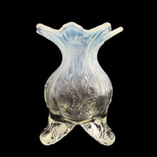 Load image into Gallery viewer, Antique Inverted Fan and Feather white opalescent glass lady's spittoon whimsey sits on four ball feet and is finished with a flared sawtooth edge. Crafted by Dugan Glass (Northwood pattern), USA, circa 1905. A beautiful example of art and design and perfect as decor or use as a vase.
In excellent vintage condition, no chips.
Measures 3 x 4 3/4 inches