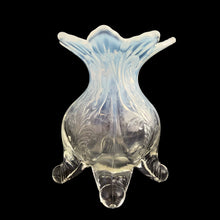 Load image into Gallery viewer, Antique Inverted Fan and Feather white opalescent glass lady's spittoon whimsey sits on four ball feet and is finished with a flared sawtooth edge. Crafted by Dugan Glass (Northwood pattern), USA, circa 1905. A beautiful example of art and design and perfect as decor or use as a vase.
In excellent vintage condition, no chips.
Measures 3 x 4 3/4 inches