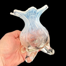 Load image into Gallery viewer, Antique Inverted Fan and Feather white opalescent glass lady's spittoon whimsey sits on four ball feet and is finished with a flared sawtooth edge. Crafted by Dugan Glass (Northwood pattern), USA, circa 1905. A beautiful example of art and design and perfect as decor or use as a vase.
In excellent vintage condition, no chips.
Measures 3 x 4 3/4 inches