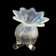 Load image into Gallery viewer, Antique Inverted Fan and Feather white opalescent glass lady's spittoon whimsey sits on four ball feet and is finished with a flared sawtooth edge. Crafted by Dugan Glass (Northwood pattern), USA, circa 1905. A beautiful example of art and design and perfect as decor or use as a vase.
In excellent vintage condition, no chips.
Measures 3 x 4 3/4 inches