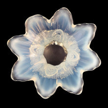 Load image into Gallery viewer, Antique Inverted Fan and Feather white opalescent glass lady's spittoon whimsey sits on four ball feet and is finished with a flared sawtooth edge. Crafted by Dugan Glass (Northwood pattern), USA, circa 1905. A beautiful example of art and design and perfect as decor or use as a vase.
In excellent vintage condition, no chips.
Measures 3 x 4 3/4 inches