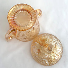 Load image into Gallery viewer, Jacks Daughter of All Trades Vintage Antique Mid-Century Kitsch Store Shop Reseller Etsy Shopify Toronto Canada Free Porch Pick Up Local Delivery Worldwide Shipping Judy Weinberg Unique Housewarming Gift Sustainable Gift Wedding Gift Home Decor Collectible Collector Gift Farmhouse Cottagecore Cottage Lodge Shabby Chic Iris iridescent flora gold glass creamer and covered sugar Jeannette Glass USA 1960s high tea party