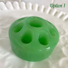 Load image into Gallery viewer, Jadeite green glass flower frog, elevated angled view showing the stem and candle holes
