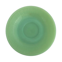 Load image into Gallery viewer, Vintage Fire-King "Jane Ray" pattern pressed glass jadeite cup and saucer featuring a ribbed pattern. Crafted by the Anchor Hocking, USA, 1945 - 1963. Highly collectible and suits a number of decor styles including farmhouse, shabby chic, mid-century modern, and kitsch kitchen. In excellent condition, free from chips/cracks/repairs. Maker's mark present on the bottom of each piece, see photos. Cup measures 3 3/4 x 2 1/4 inches | saucer measures 4 1/8 inches