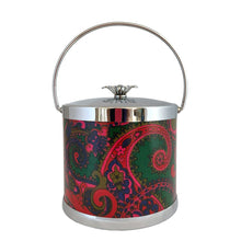 Load image into Gallery viewer, Vintage ice bucket featuring a chrome base, jewel-toned paisley bucket, topped with a chrome handle and lid with sculptural metal flower white plastic interior. Crafted by Serv-Master, USA, circa 1960s. A fabulous example of mid-century design and style!
In excellent used condition. Marked on the bottom Serv-Master Creations.
Measures 7 3/4 x 8 inches (not incl. handle)