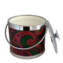 Load image into Gallery viewer, Vintage ice bucket featuring a chrome base, jewel-toned paisley bucket, topped with a chrome handle and lid with sculptural metal flower white plastic interior. Crafted by Serv-Master, USA, circa 1960s. A fabulous example of mid-century design and style!
In excellent used condition. Marked on the bottom Serv-Master Creations.
Measures 7 3/4 x 8 inches (not incl. handle)