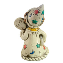 Load image into Gallery viewer, Josef Originals Gemini zodiac figurine, rear view — cream ceramic robe decorated with hand-painted stars, moons, and coloured enamel gems; Gemini scroll held at side