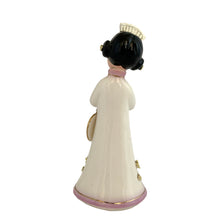 Load image into Gallery viewer, Josef Originals Good Luck figurine, rear view, showing the full back of the white kimono with pink collar and gold gilt hem, black hair bun with white headdress