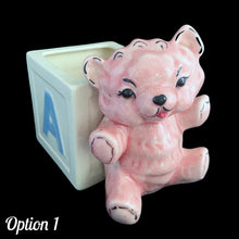 Load image into Gallery viewer, Vintage Kay Finch designed, hand painted ceramic figural pink teddy bear ABC baby block planter. Crafted by Shafford, Japan. Add this adorable planter to your nursery decor. Fill with a little plant or use to store baby care accessories. In as found vintage condition, see photos for details of imperfections. Measures 6 x 3 3/4 x 5 1/2 inches