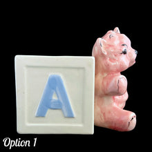 Load image into Gallery viewer, Vintage Kay Finch designed, hand painted ceramic figural pink teddy bear ABC baby block planter. Crafted by Shafford, Japan. Add this adorable planter to your nursery decor. Fill with a little plant or use to store baby care accessories. In as found vintage condition, see photos for details of imperfections. Measures 6 x 3 3/4 x 5 1/2 inches