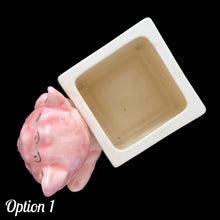 Load image into Gallery viewer, Vintage Kay Finch designed, hand painted ceramic figural pink teddy bear ABC baby block planter. Crafted by Shafford, Japan. Add this adorable planter to your nursery decor. Fill with a little plant or use to store baby care accessories. In as found vintage condition, see photos for details of imperfections. Measures 6 x 3 3/4 x 5 1/2 inches