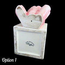 Load image into Gallery viewer, Vintage Kay Finch designed, hand painted ceramic figural pink teddy bear ABC baby block planter. Crafted by Shafford, Japan. Add this adorable planter to your nursery decor. Fill with a little plant or use to store baby care accessories. In as found vintage condition, see photos for details of imperfections. Measures 6 x 3 3/4 x 5 1/2 inches