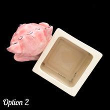 Load image into Gallery viewer, Vintage Kay Finch designed, hand painted ceramic figural pink teddy bear ABC baby block planter. Crafted by Shafford, Japan. Add this adorable planter to your nursery decor. Fill with a little plant or use to store baby care accessories. In as found vintage condition, see photos for details of imperfections. Measures 6 x 3 3/4 x 5 1/2 inches