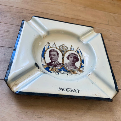 Vintage King George VI and Queen Elizabeth 1932 Coronation enamel on metal commemorative ashtray. Moffat Stove Company, England. Perfect for the British monarchist collector!  In as found vintage condition with wear to the enamel. Marked 