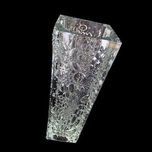 Load image into Gallery viewer, A rare find. Vintage Krople Rosy or Dew Drops heavy-weighted clear art glass vase features a plethora of multi-sized recessed clear bubbles which makes it sparkle in the light. Designed by Erika Trzewik-Drost and produced Huta Szkła Hortensja in Poland, circa 1970s. An impressive gift! Despite a burst bubble on one edge (as a result of the manufacturing process), the vase is in excellent condition without any chips or cracks. Measures 3 1/2 x 3 1/2 x 9 inches