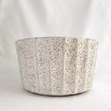 Load image into Gallery viewer, Vintage "La Cuisine" series oven-to-tableware soufflé dish #458. Produced by Blue Mountain Pottery, circa 1970s. This fluted soufflé dish has a creamy white base accented with brown speckles. A great piece for the chef, or repurpose as a planter or candy bowl. In excellent condition, free from chips/cracks. Marked "458, BMP Canada" on the bottom. Measures 6 1/2 x 3 5/8 inches