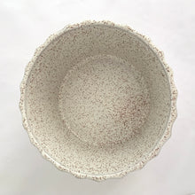 Load image into Gallery viewer, Vintage "La Cuisine" series oven-to-tableware soufflé dish #458. Produced by Blue Mountain Pottery, circa 1970s. This fluted soufflé dish has a creamy white base accented with brown speckles. A great piece for the chef, or repurpose as a planter or candy bowl. In excellent condition, free from chips/cracks. Marked "458, BMP Canada" on the bottom. Measures 6 1/2 x 3 5/8 inches