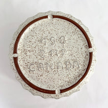 Load image into Gallery viewer, Vintage "La Cuisine" series oven-to-tableware soufflé dish #458. Produced by Blue Mountain Pottery, circa 1970s. This fluted soufflé dish has a creamy white base accented with brown speckles. A great piece for the chef, or repurpose as a planter or candy bowl. In excellent condition, free from chips/cracks. Marked "458, BMP Canada" on the bottom. Measures 6 1/2 x 3 5/8 inches