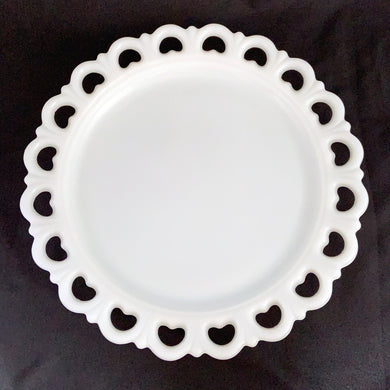 Vintage Lace Edge Old Colony Milk Glass 13 inch Torte Sandwich Serving Plate Anchor Hocking Glass Company Tableware Glassware Home Decor Boho Bohemian Shabby Chic Cottage Farmhouse Victorian Mid-Century Modern Industrial Retro Flea Market Style Unique Sustainable Gift Antique Prop GTA Eds Mercantile Hamilton Freelton Toronto Canada shop store community seller reseller vendor brunch breakfast lunch dinner Collector Collection Collectible