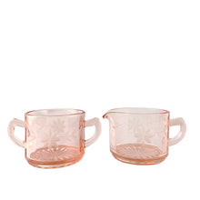 Load image into Gallery viewer, Lancaster pink depression glass creamer and sugar set with cut optic pattern, rear view
