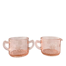 Load image into Gallery viewer, Lancaster pink depression glass creamer and sugar set with cut optic pattern, front view