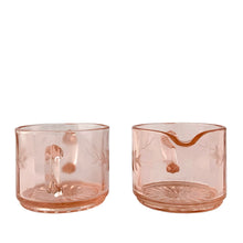 Load image into Gallery viewer, Lancaster pink depression glass creamer and sugar, opposite side angle showing the etched floral design