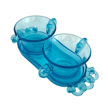 Load image into Gallery viewer, Beautifully designed vintage pressed glass creamer, sugar and tray set in striking laser blue. Crafted by Josef Inwald, Czechoslovakia, circa 1930s. The perfect addition to your tableware! In good vintage condition with two minor flea bites to the inner rim of the tray. The creamer and sugar are free from chips. Trray Measures 9 x 3 1/2 x 1 inches Creamer and sugar measure 3 3/8 x 2 1/2 inches