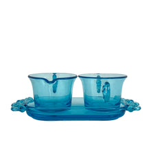 Load image into Gallery viewer, Beautifully designed vintage pressed glass creamer, sugar and tray set in striking laser blue. Crafted by Josef Inwald, Czechoslovakia, circa 1930s. The perfect addition to your tableware! In good vintage condition with two minor flea bites to the inner rim of the tray. The creamer and sugar are free from chips. Trray Measures 9 x 3 1/2 x 1 inches Creamer and sugar measure 3 3/8 x 2 1/2 inches