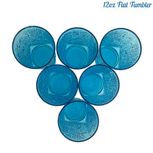 Load image into Gallery viewer, A selection of vintage mid-century modern "Pagoda" glass tumblers in striking laser blue. Crafted by Anchor Hocking, USA, circa 1960s. This glassware features a unique bark-like texture and is the perfect addition to your Tiki or Chinoiserie style drink and barware! All pieces are excellent condition, free from chips. 12oz Flat Tumblers