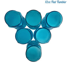 Load image into Gallery viewer, A selection of vintage mid-century modern "Pagoda" glass tumblers in striking laser blue. Crafted by Anchor Hocking, USA, circa 1960s. This glassware features a unique bark-like texture and is the perfect addition to your Tiki or Chinoiserie style drink and barware! All pieces are excellent condition, free from chips. 12oz Flat Tumblers