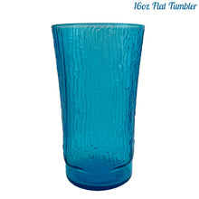 Load image into Gallery viewer, A selection of vintage mid-century modern "Pagoda" glass tumblers in striking laser blue. Crafted by Anchor Hocking, USA, circa 1960s. This glassware features a unique bark-like texture and is the perfect addition to your Tiki or Chinoiserie style drink and barware! All pieces are excellent condition, free from chips. 16oz Flat Tumblers
