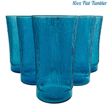 Load image into Gallery viewer, A selection of vintage mid-century modern "Pagoda" glass tumblers in striking laser blue. Crafted by Anchor Hocking, USA, circa 1960s. This glassware features a unique bark-like texture and is the perfect addition to your Tiki or Chinoiserie style drink and barware! All pieces are excellent condition, free from chips. 16oz Flat Tumblers