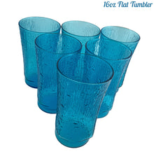 Load image into Gallery viewer, A selection of vintage mid-century modern "Pagoda" glass tumblers in striking laser blue. Crafted by Anchor Hocking, USA, circa 1960s. This glassware features a unique bark-like texture and is the perfect addition to your Tiki or Chinoiserie style drink and barware! All pieces are excellent condition, free from chips. 16oz Flat Tumblers
