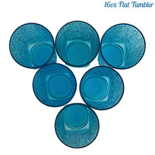 Load image into Gallery viewer, A selection of vintage mid-century modern "Pagoda" glass tumblers in striking laser blue. Crafted by Anchor Hocking, USA, circa 1960s. This glassware features a unique bark-like texture and is the perfect addition to your Tiki or Chinoiserie style drink and barware! All pieces are excellent condition, free from chips. 16oz Flat Tumblers