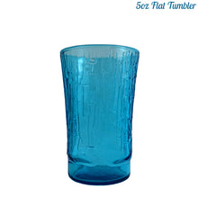 Load image into Gallery viewer, A selection of vintage mid-century modern "Pagoda" glass tumblers in striking laser blue. Crafted by Anchor Hocking, USA, circa 1960s. This glassware features a unique bark-like texture and is the perfect addition to your Tiki or Chinoiserie style drink and barware! All pieces are excellent condition, free from chips. 5oz Flat Tumblers
